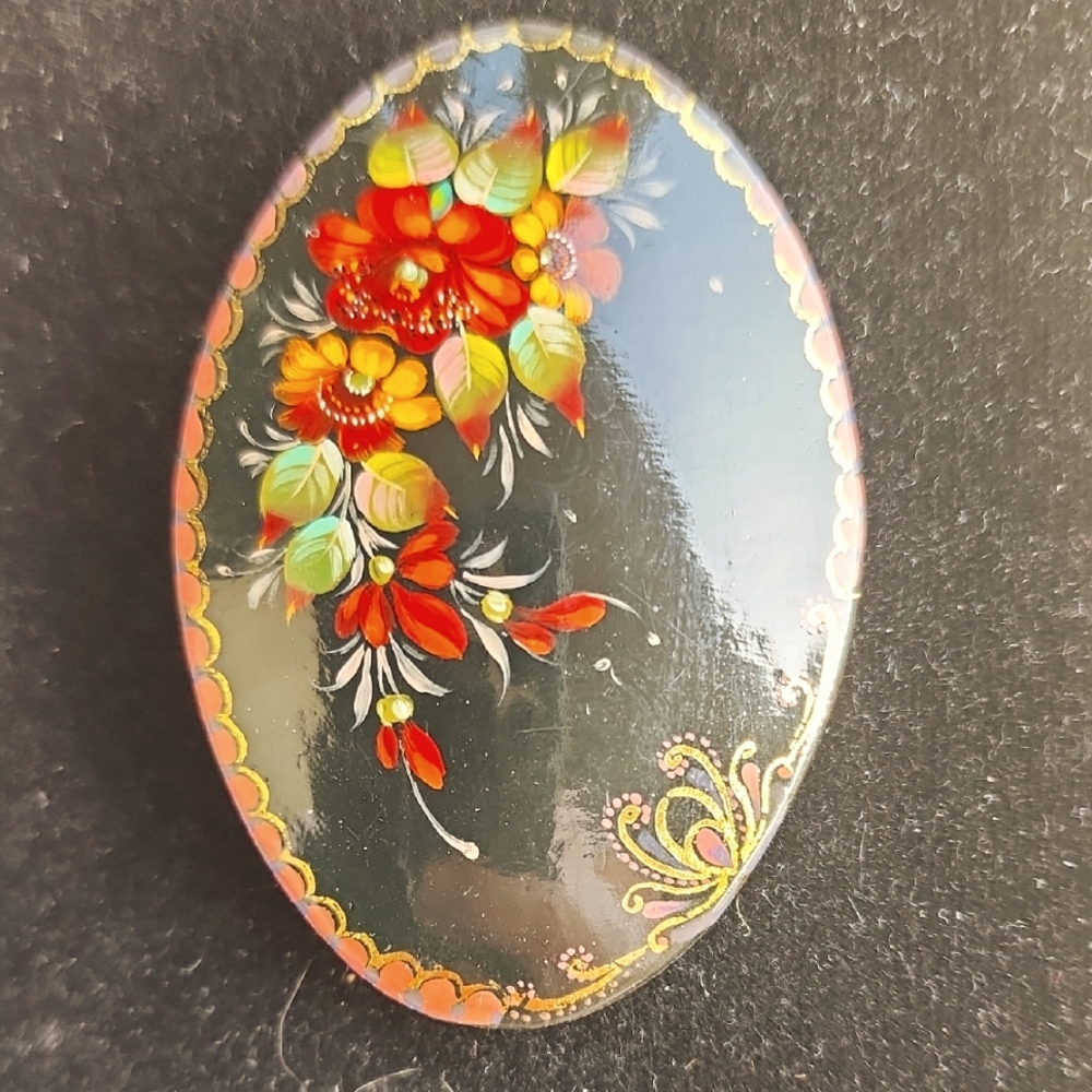 Floral Hand Painted Oval Brooch